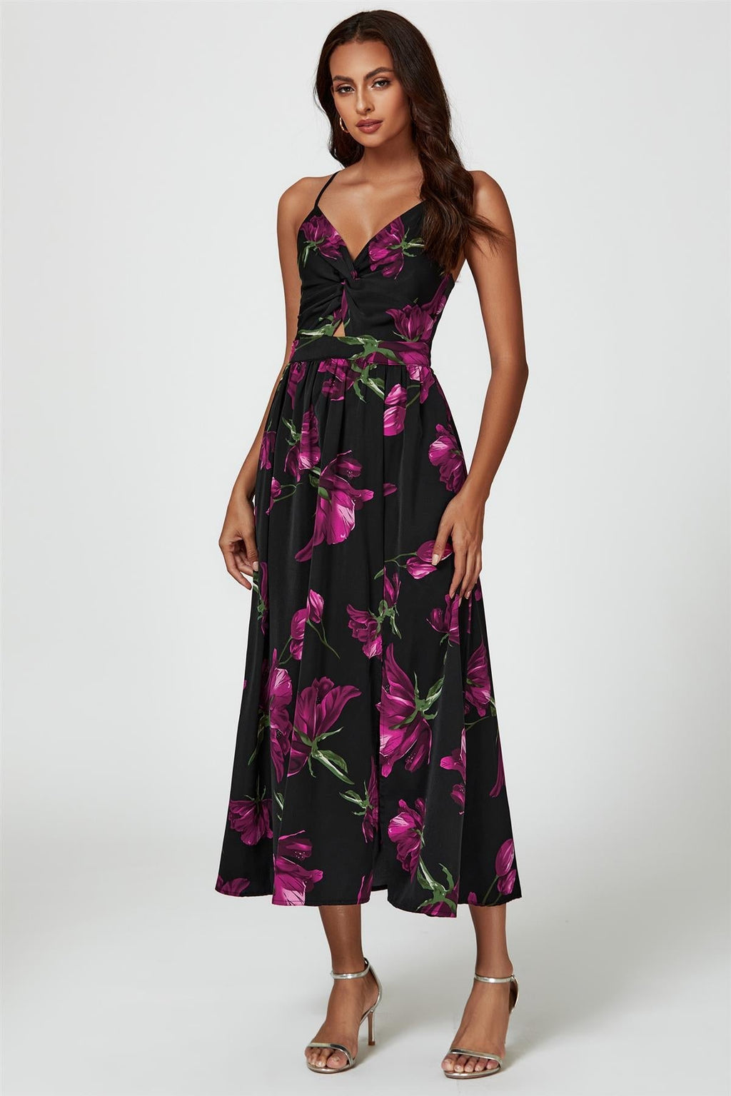 Maxikleid Damen Schwarz Blumenprint Twist-Front Beinschlitz kaufen