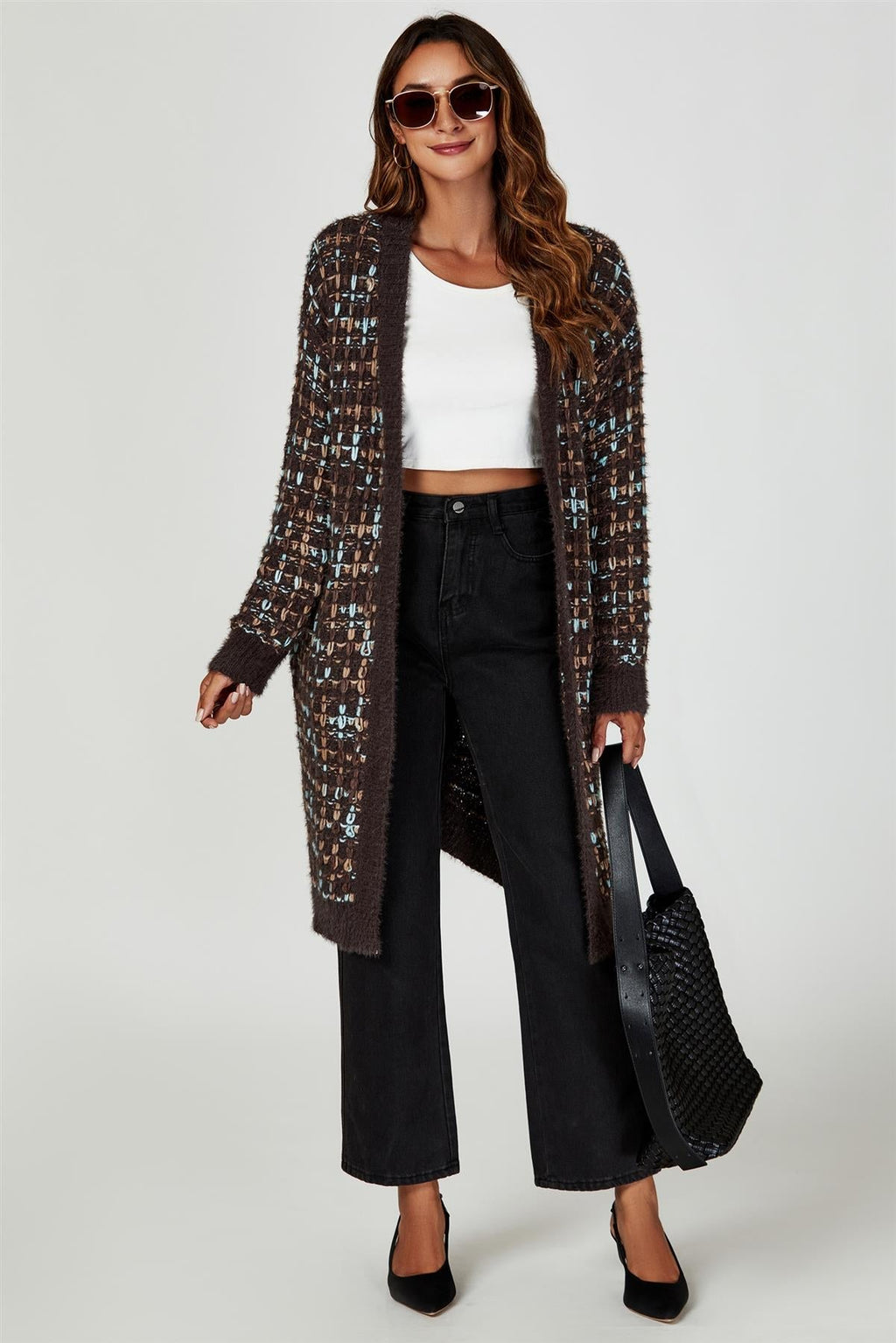 Cardigan Damen Bouclé Braun Bunt Strickjacke Oversized kaufen