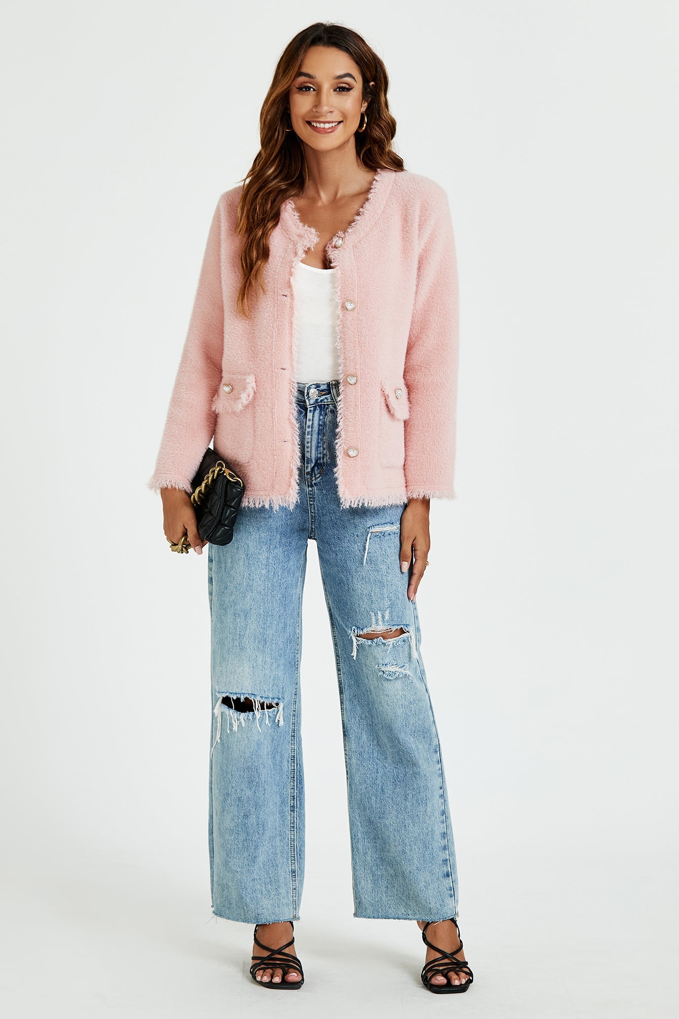 Bouclé Jacke Damen Rosa Perlknopf Kurzjacke Elegant