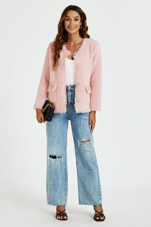 Bouclé Jacke Damen Rosa Perlknopf Kurzjacke Elegant