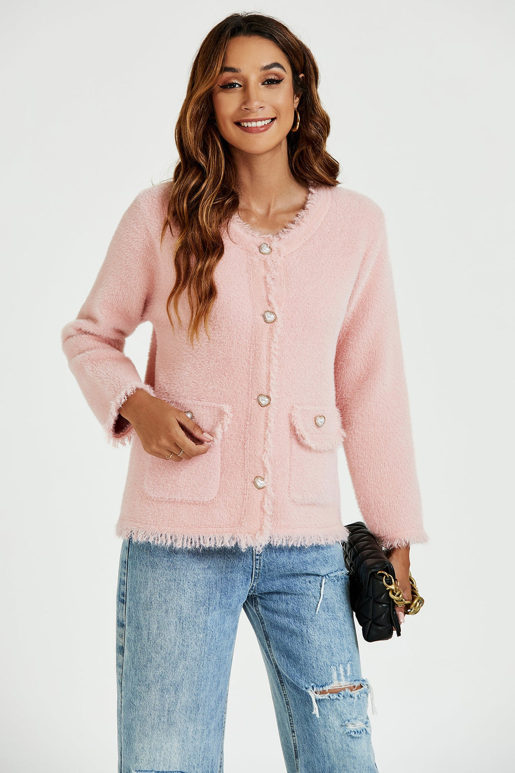 Bouclé Jacke Damen Rosa Perlknopf Kurzjacke Elegant