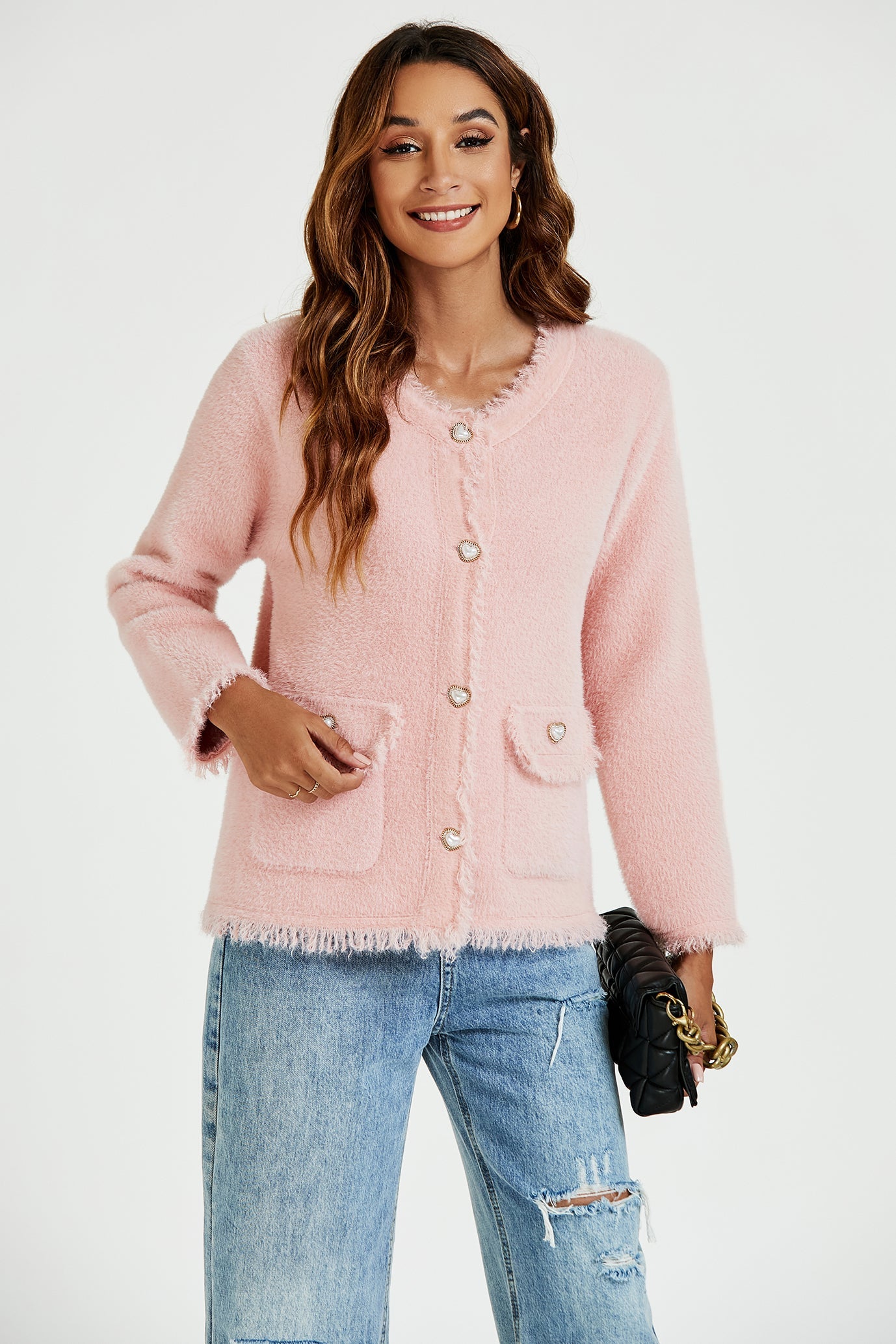 Bouclé Jacke Damen Rosa Perlknopf Kurzjacke Elegant