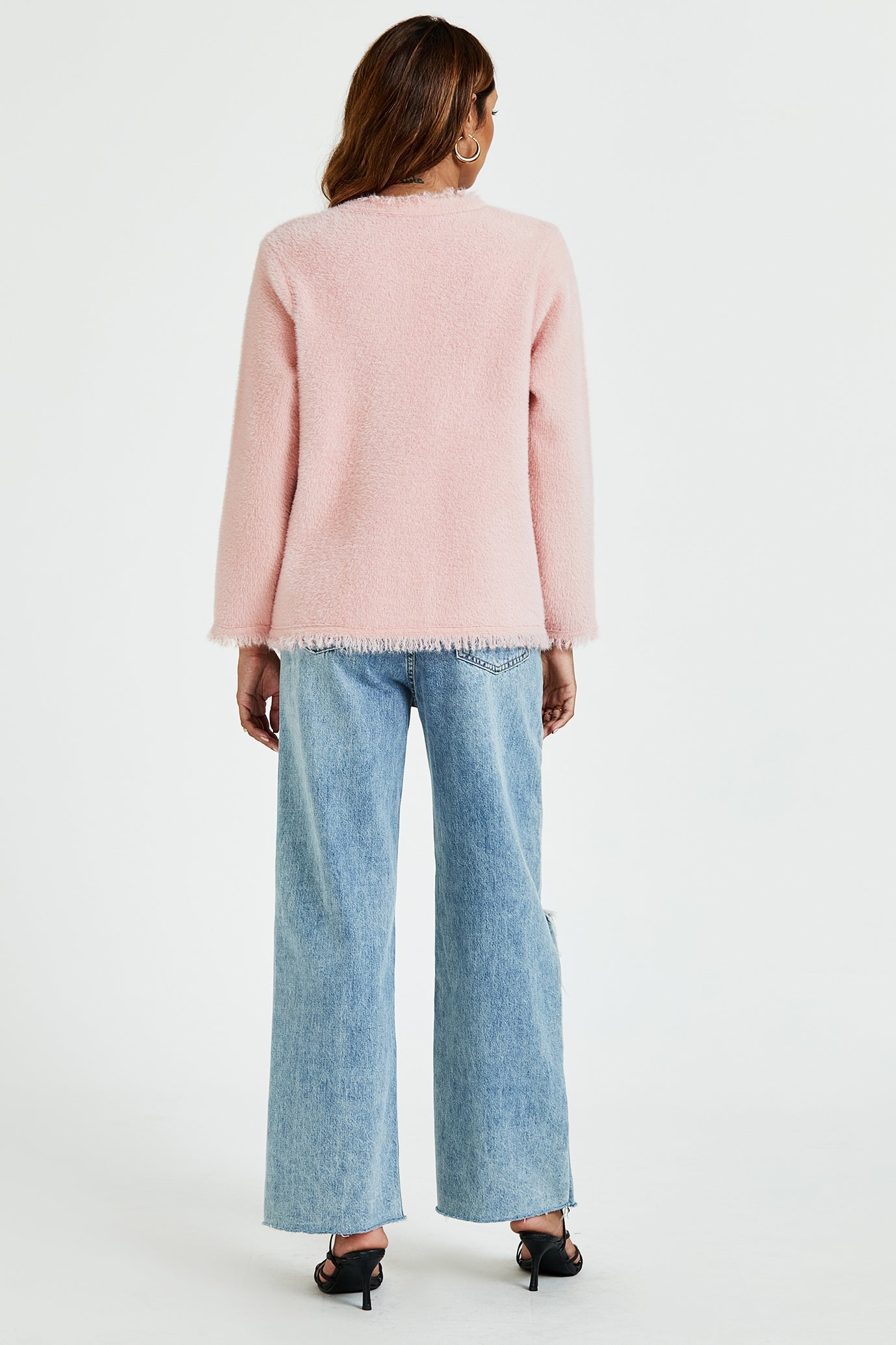Bouclé Jacke Damen Rosa Perlknopf Kurzjacke Elegant