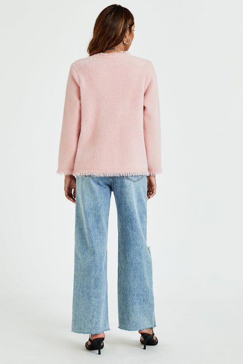 Bouclé Jacke Damen Rosa Perlknopf Kurzjacke Elegant