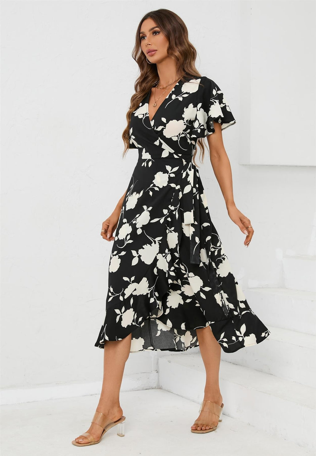 Wickelkleid Damen Schwarz Midi Angel-Sleeve Elegant kaufen