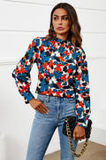 Bluse Damen Blumenprint Blau Stehkragen Langarm kaufen
