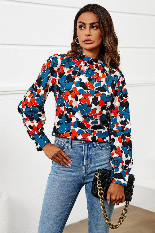 Bluse Damen Blumenprint Blau Stehkragen Langarm kaufen