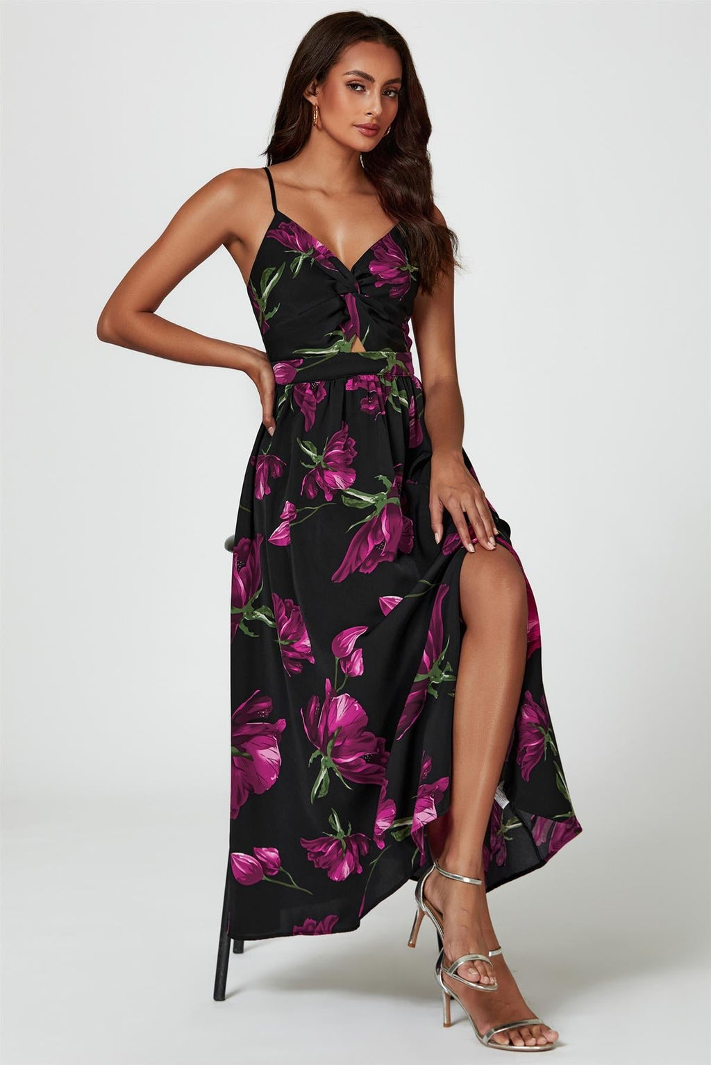 Maxikleid Damen Schwarz Blumenprint Twist-Front Beinschlitz kaufen