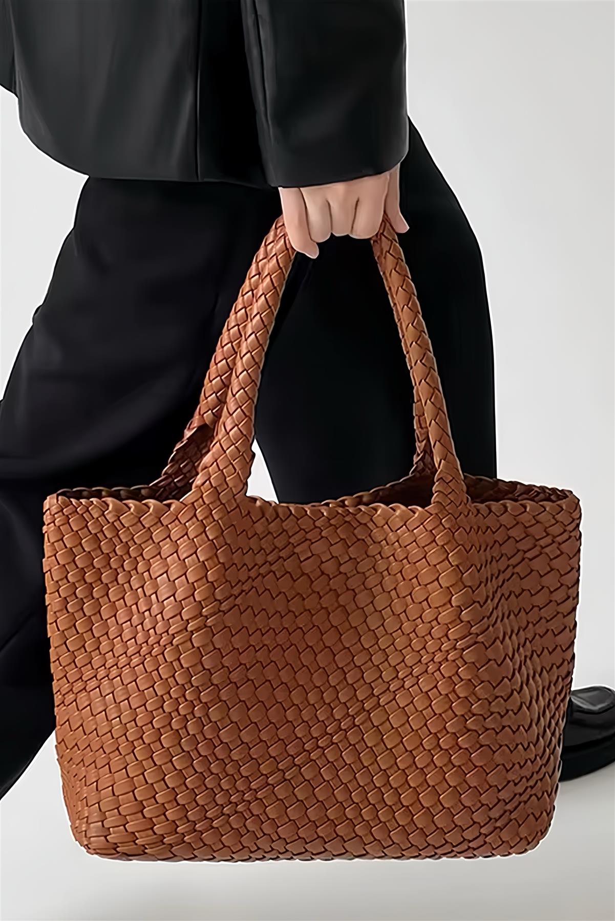 Shopper Tasche Damen Geflochten Tan Groß Alltagstasche