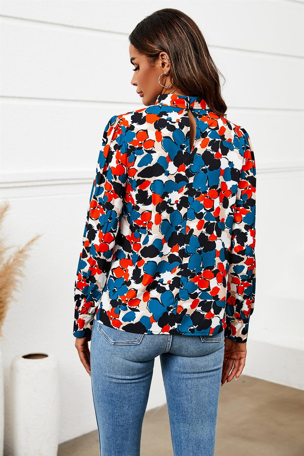 Bluse Damen Blumenprint Blau Stehkragen Langarm kaufen