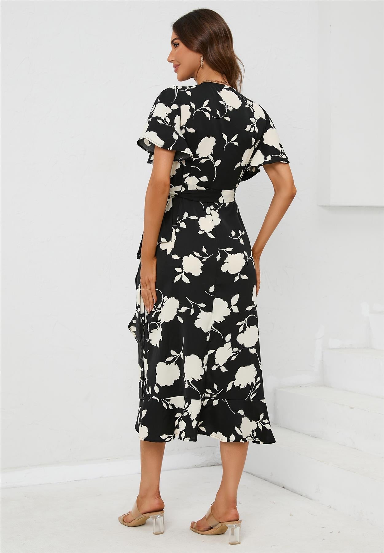 Wickelkleid Damen Schwarz Midi Angel-Sleeve Elegant kaufen