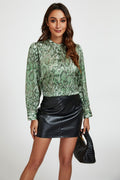 Satin Top Damen Animalprint Grün Stehkragen Langarm Elegant