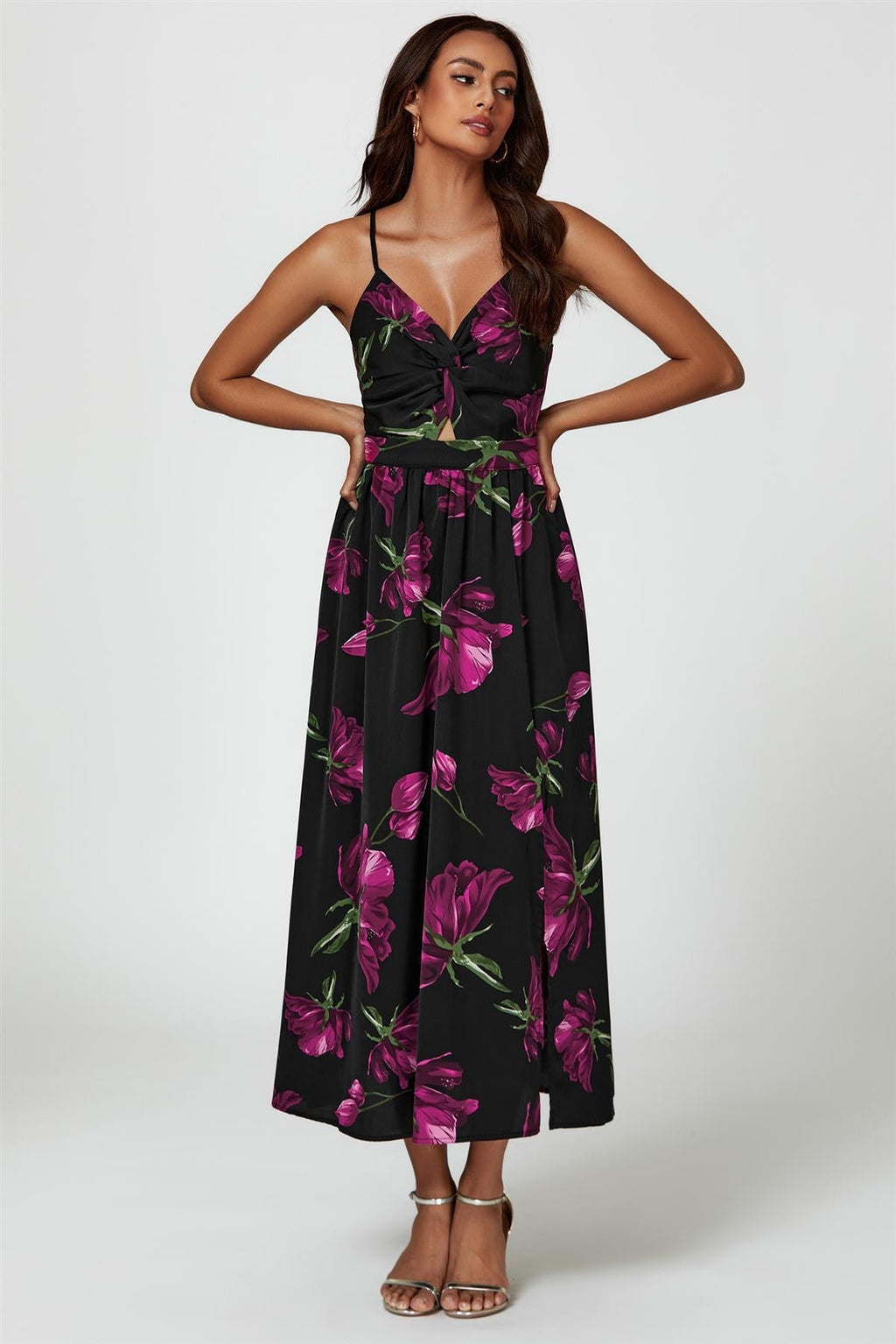 Maxikleid Damen Schwarz Blumenprint Twist-Front Beinschlitz kaufen