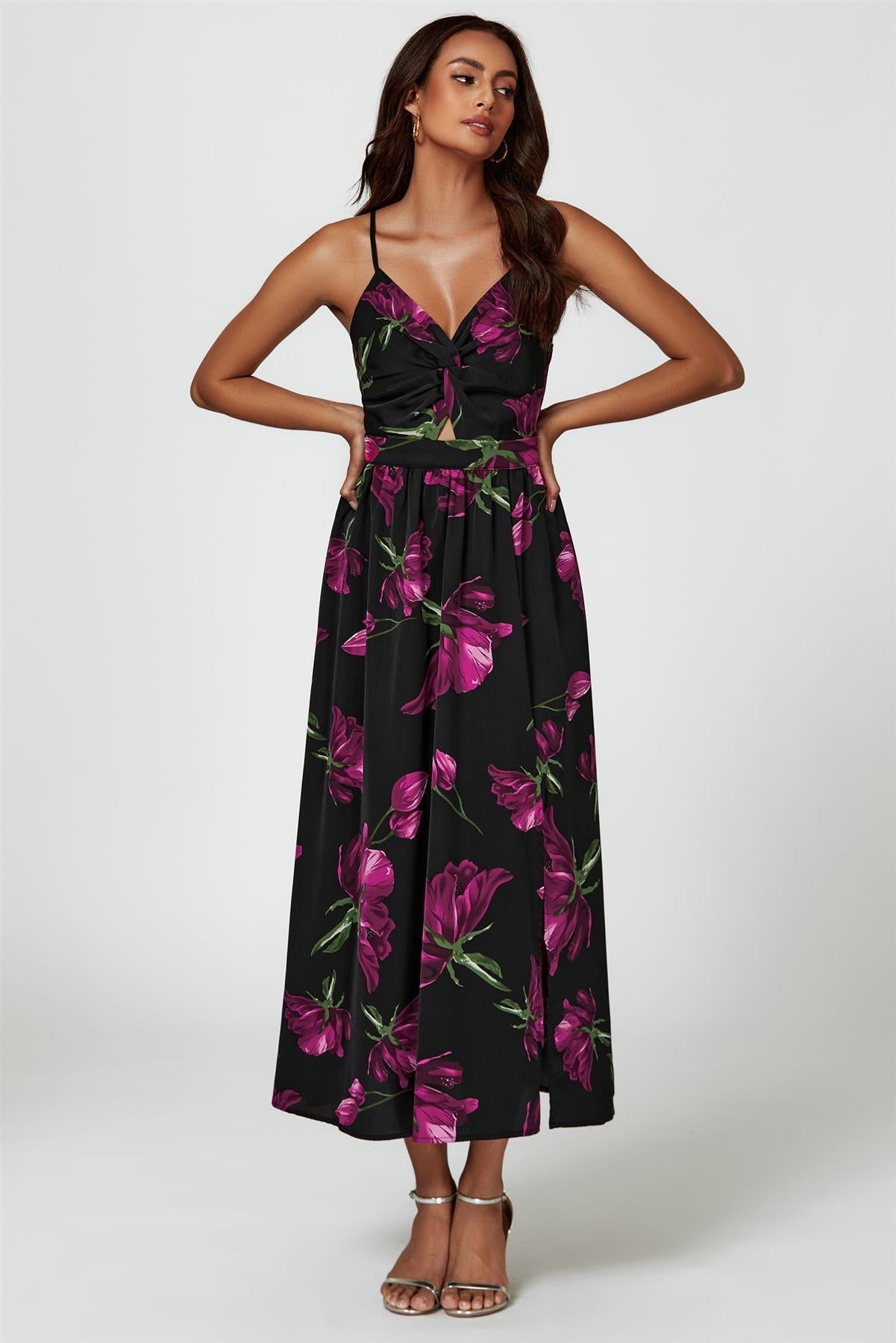 Maxikleid Damen Schwarz Blumenprint Twist-Front Beinschlitz kaufen