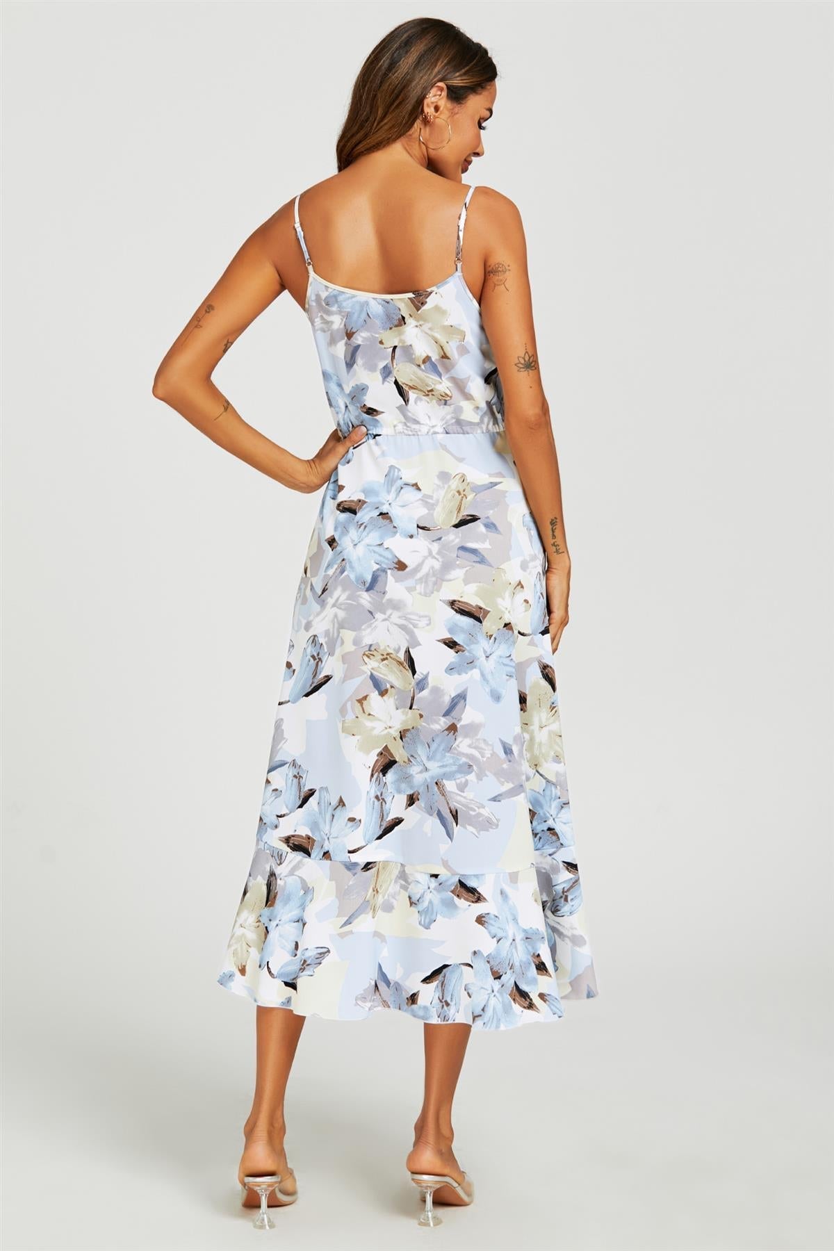 Sommerkleid Damen Blumenprint Blau Off-Shoulder Rüschen kaufen
