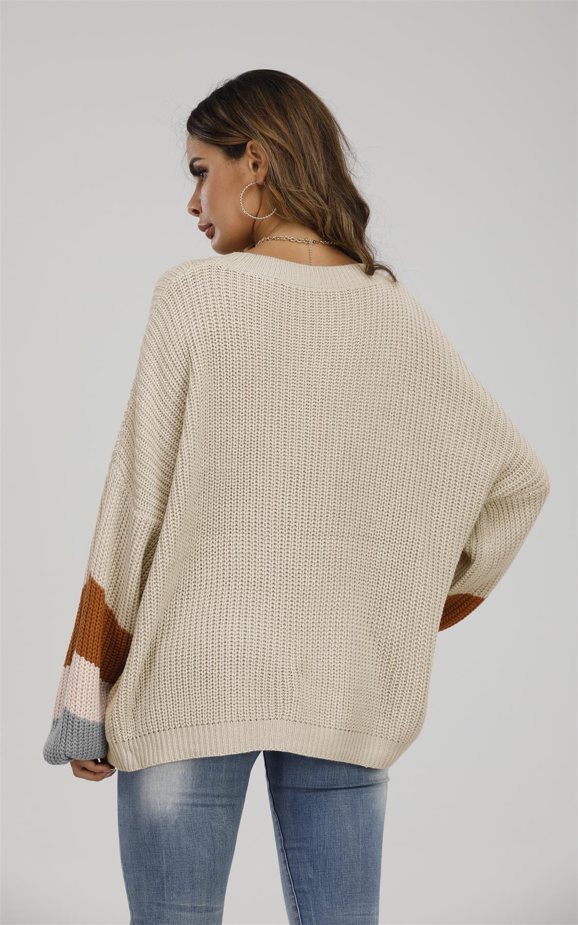 Strickpullover Damen Streifen Beige Peach V-Ausschnitt Herbst