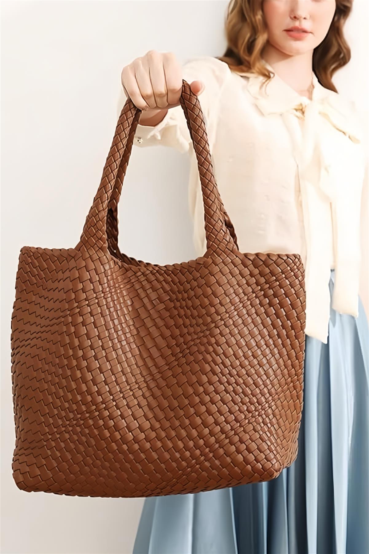 Shopper Tasche Damen Geflochten Tan Groß Alltagstasche