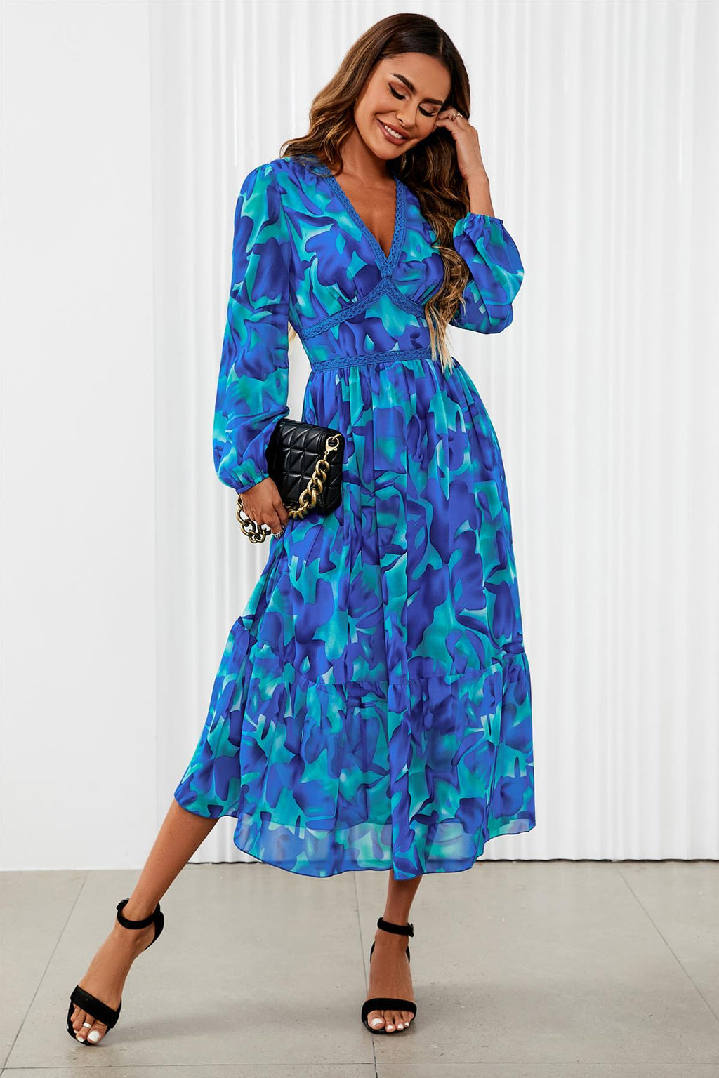 Maxikleid Damen Blumenprint Blau Langarm Spitze kaufen