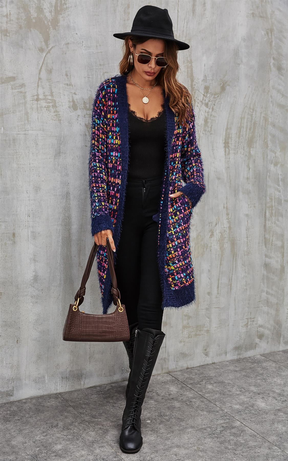 Cardigan Damen Bouclé Kariert Navy Bunt Oversized Strickjacke