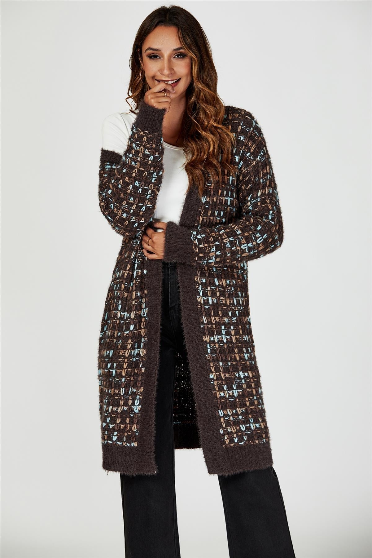 Cardigan Damen Bouclé Braun Bunt Strickjacke Oversized kaufen