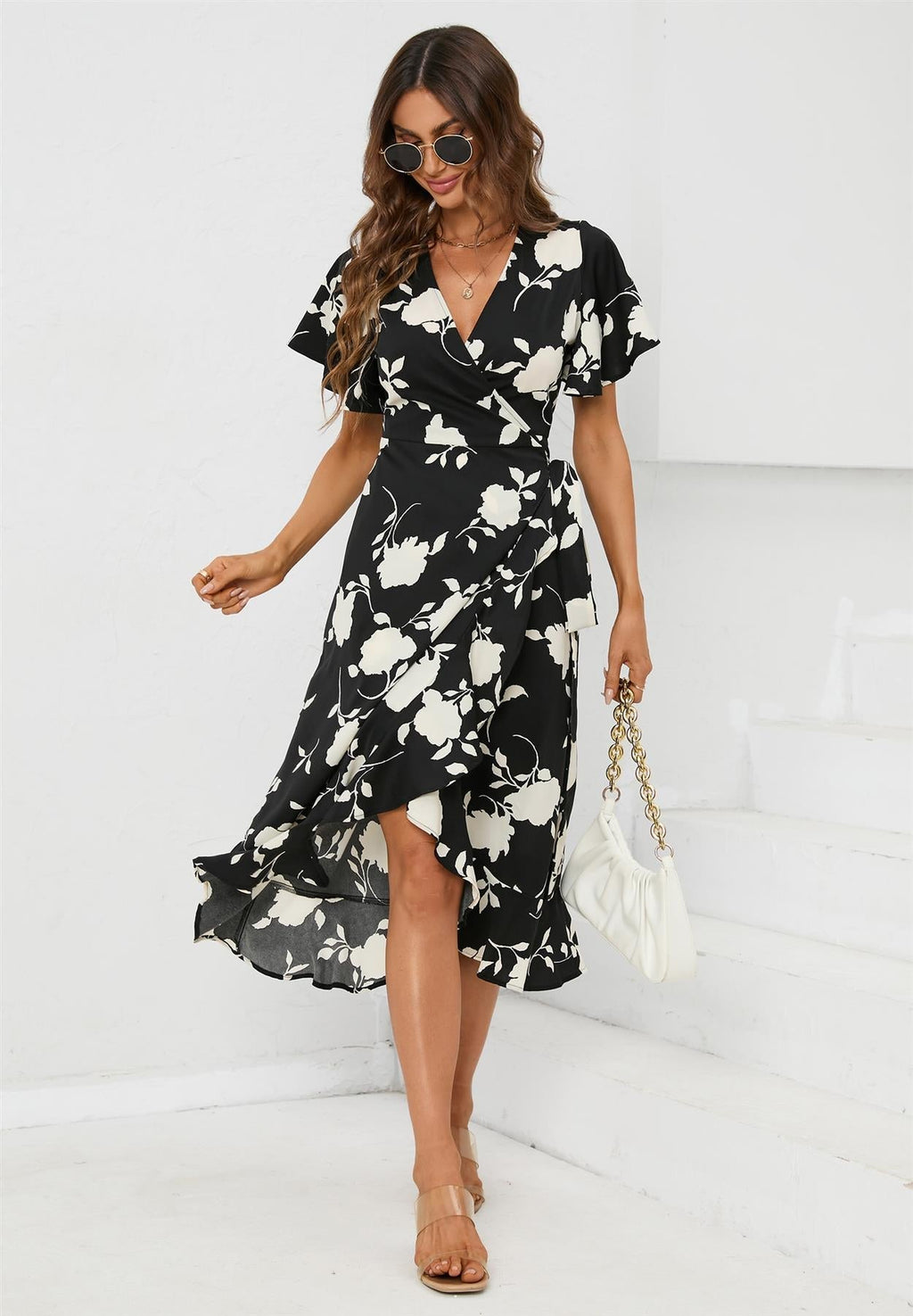 Wickelkleid Damen Schwarz Midi Angel-Sleeve Elegant kaufen