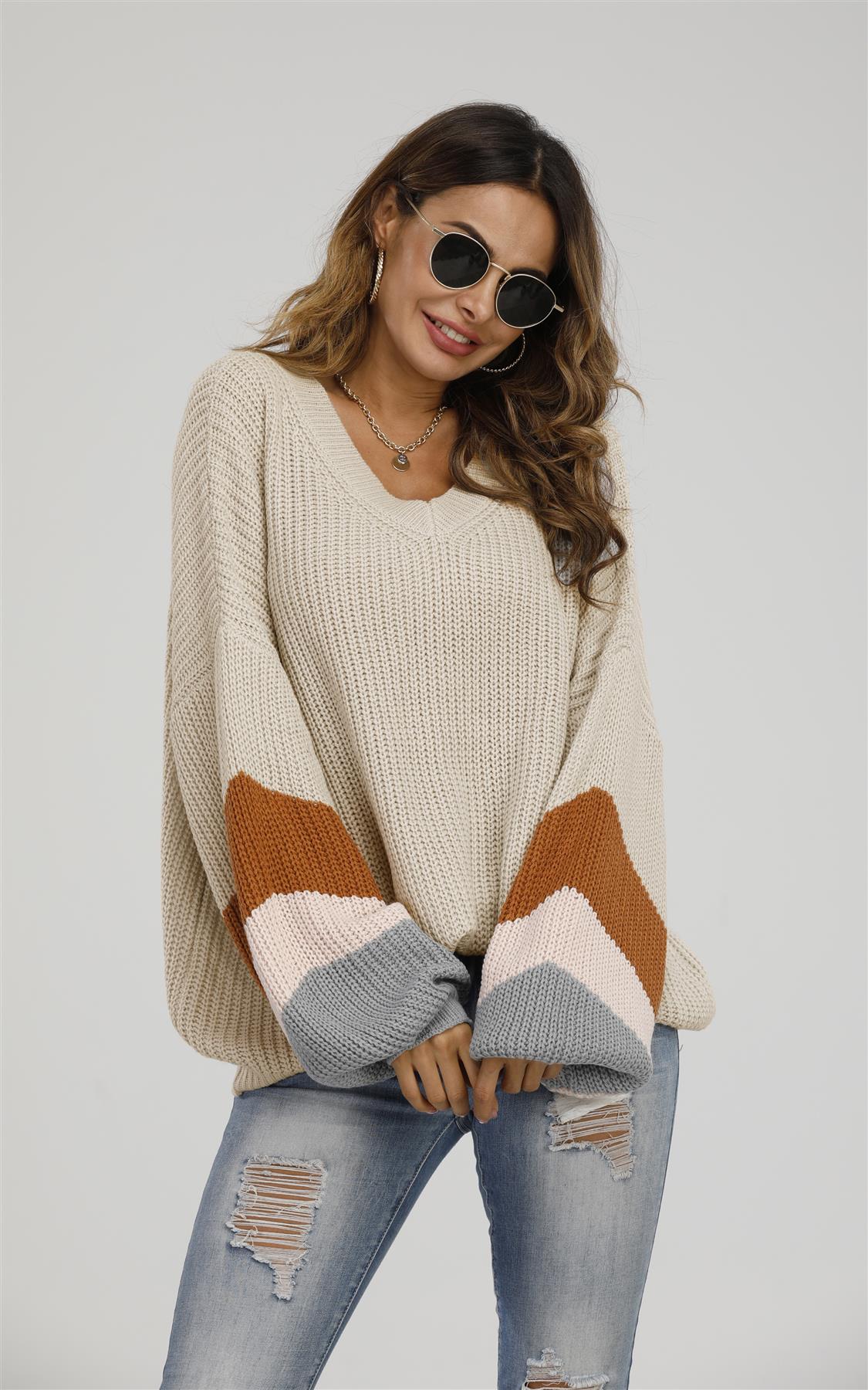 Strickpullover Damen Streifen Beige Peach V-Ausschnitt Herbst