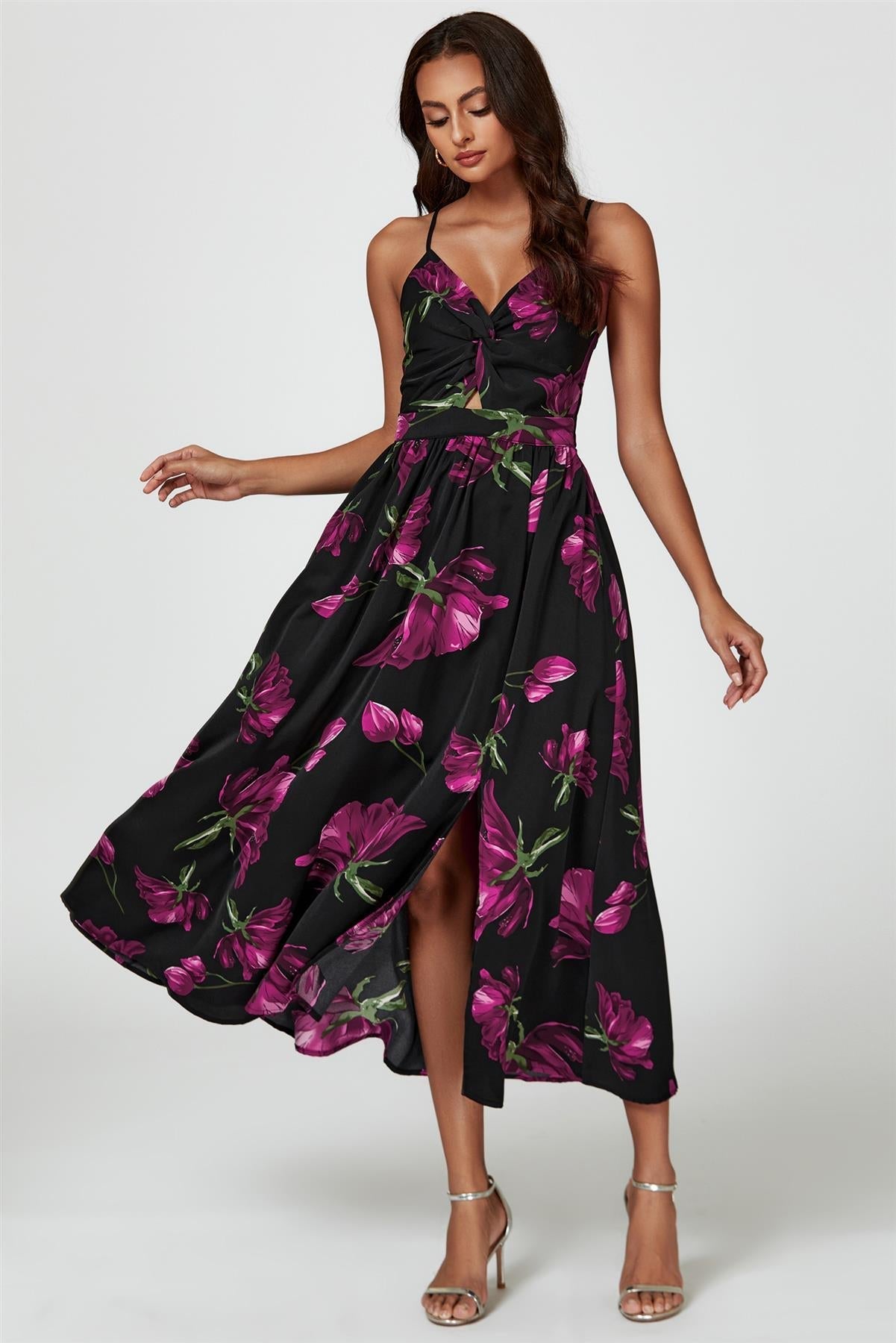 Maxikleid Damen Schwarz Blumenprint Twist-Front Beinschlitz kaufen