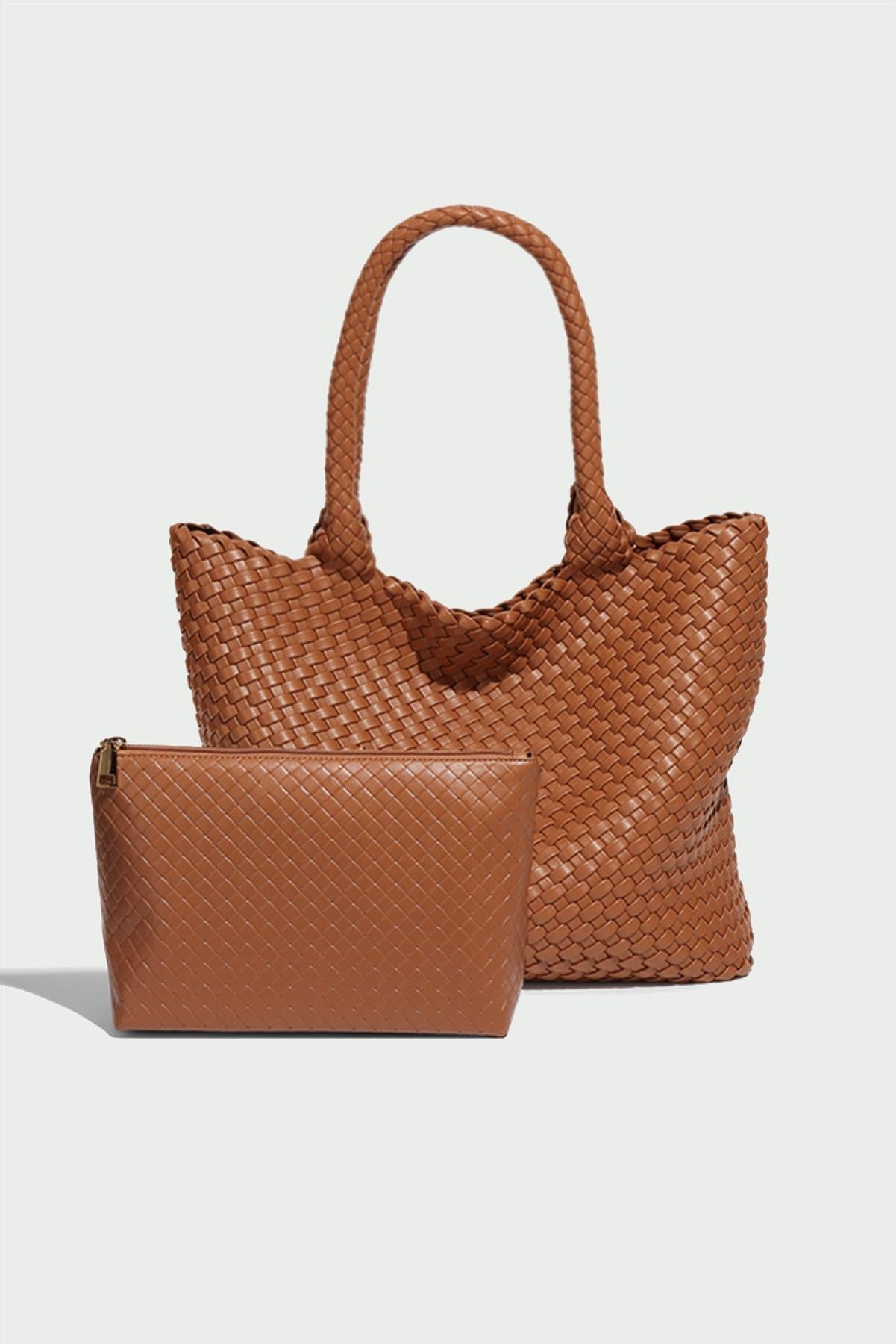 Shopper Tasche Damen Geflochten Tan Groß Alltagstasche