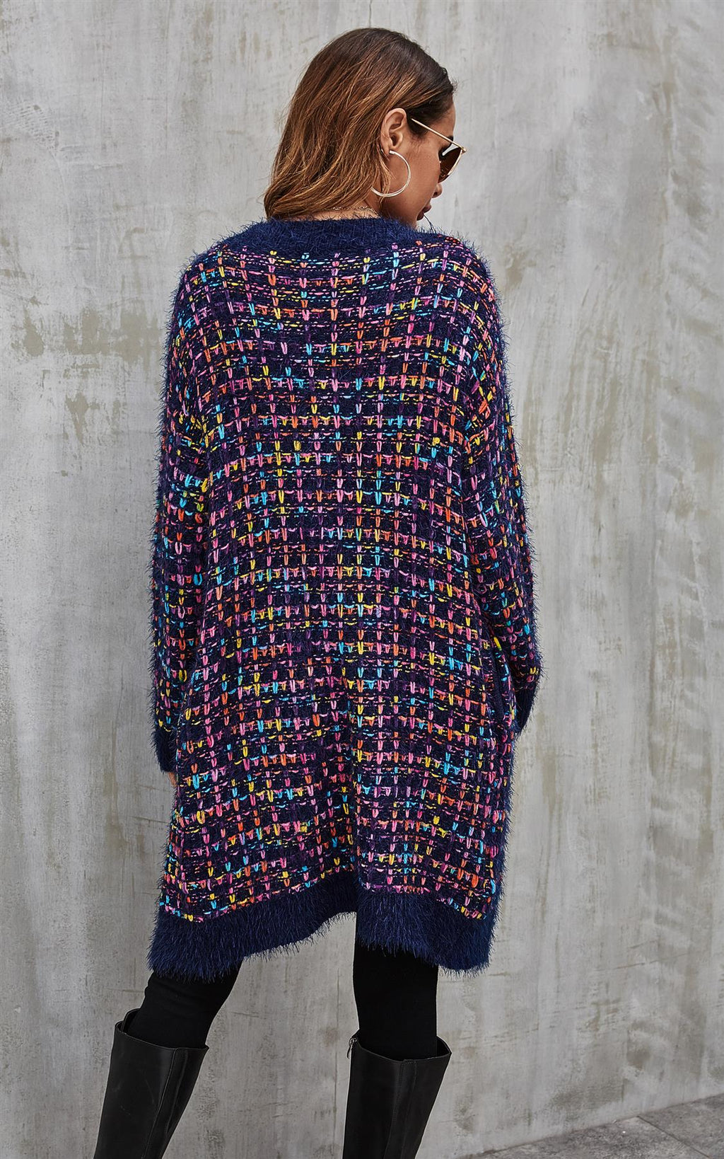 Cardigan Damen Bouclé Kariert Navy Bunt Oversized Strickjacke