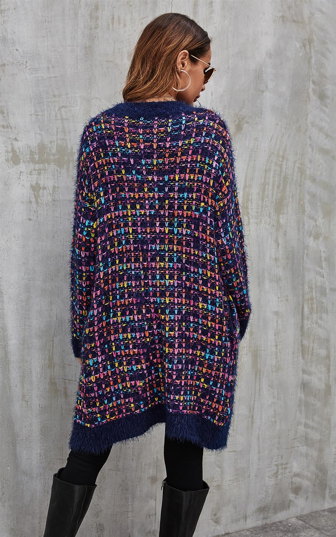 Cardigan Damen Bouclé Kariert Navy Bunt Oversized Strickjacke