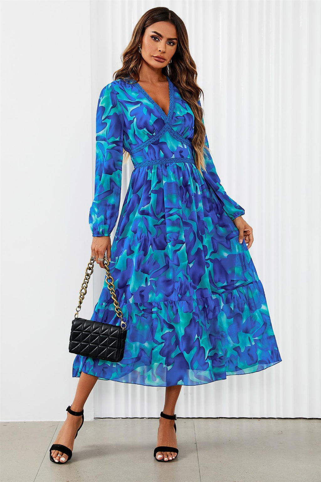 Maxikleid Damen Blumenprint Blau Langarm Spitze kaufen