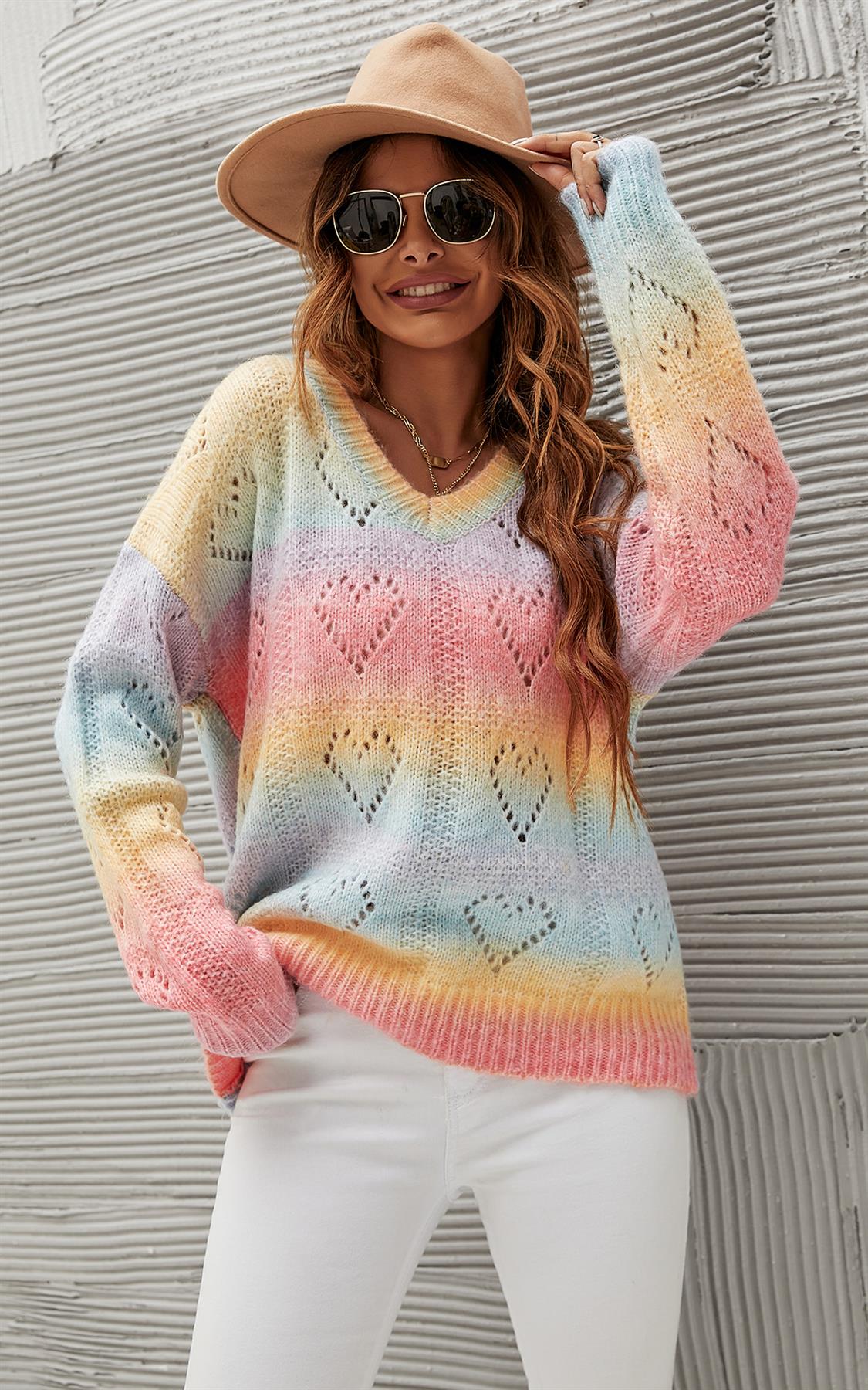Strickpullover Damen Herzmuster Bunt Langarm Oversized Top