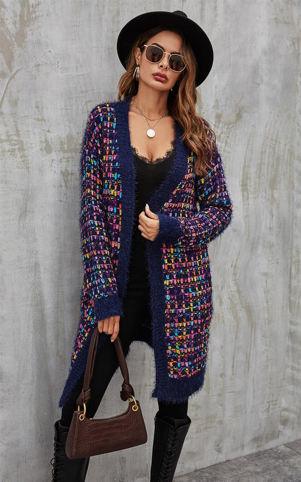 Cardigan Damen Bouclé Kariert Navy Bunt Oversized Strickjacke