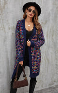 Cardigan Damen Bouclé Kariert Navy Bunt Oversized Strickjacke