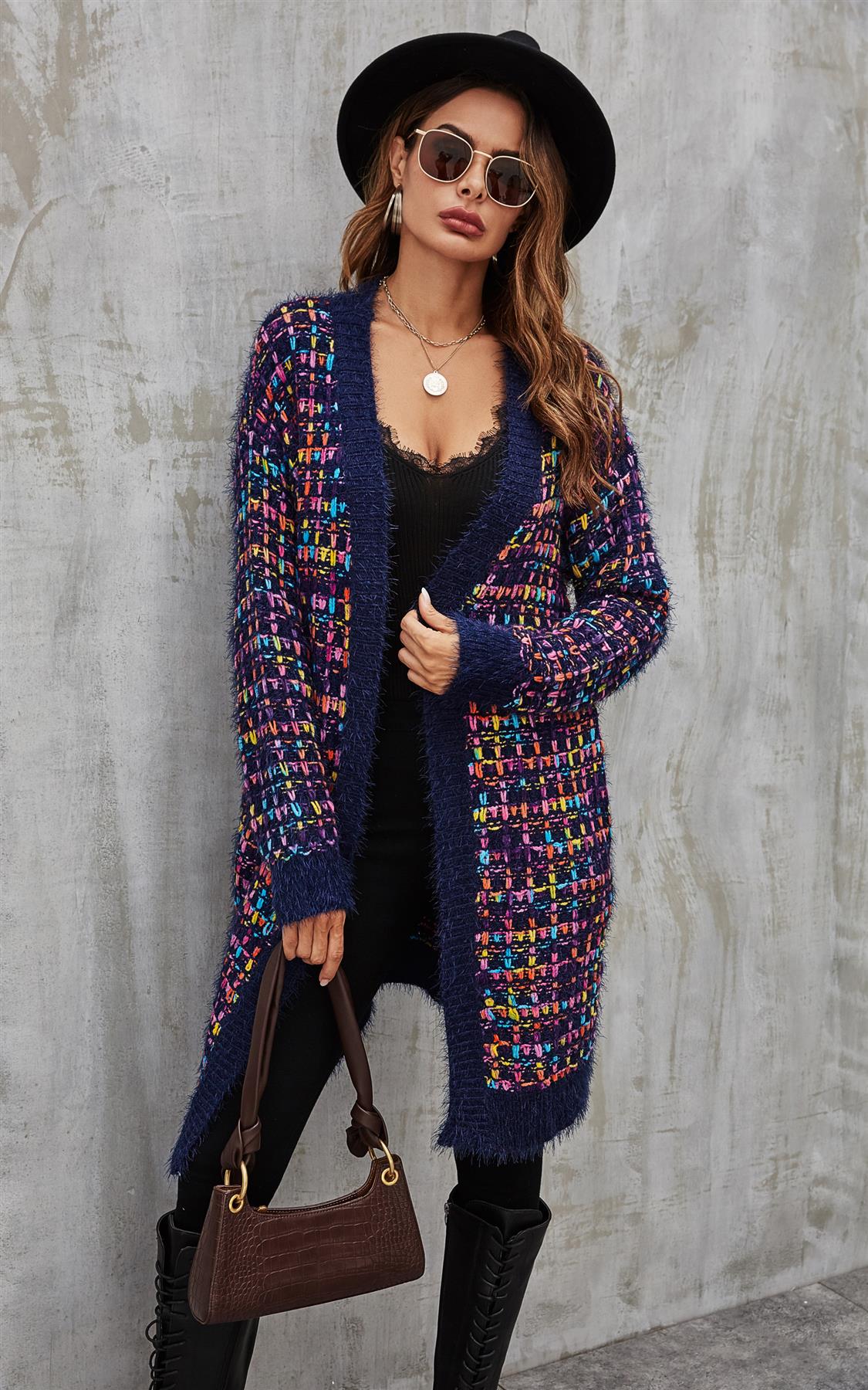 Cardigan Damen Bouclé Kariert Navy Bunt Oversized Strickjacke