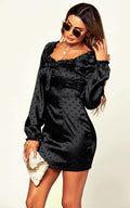 Minikleid Damen Satin Schwarz Punkte Langarm Abendkleid kaufen