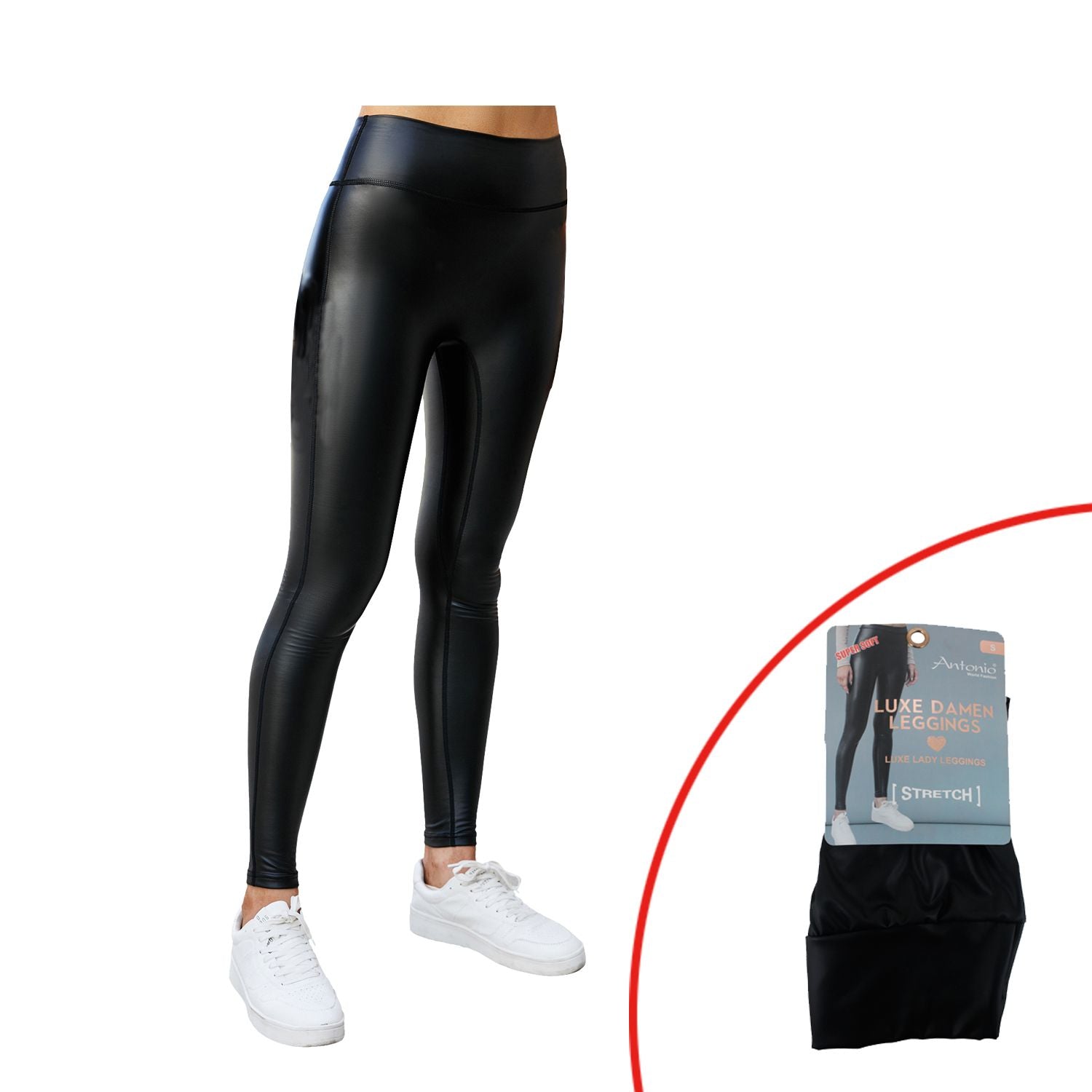 Leggings Damen Wet Look High Waist Schwarz Lederoptik