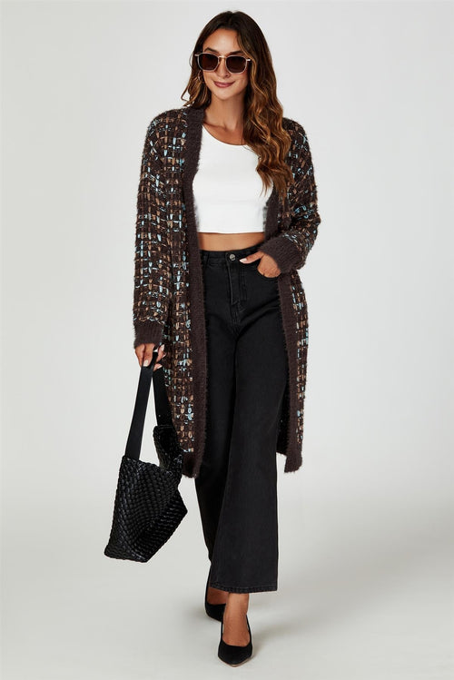 Cardigan Damen Bouclé Braun Bunt Strickjacke Oversized kaufen