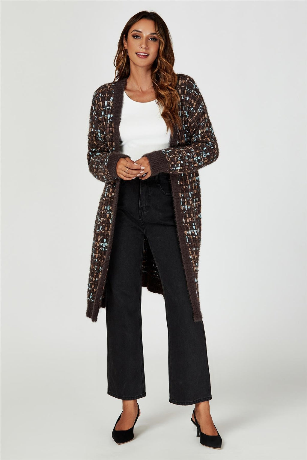 Cardigan Damen Bouclé Braun Bunt Strickjacke Oversized kaufen