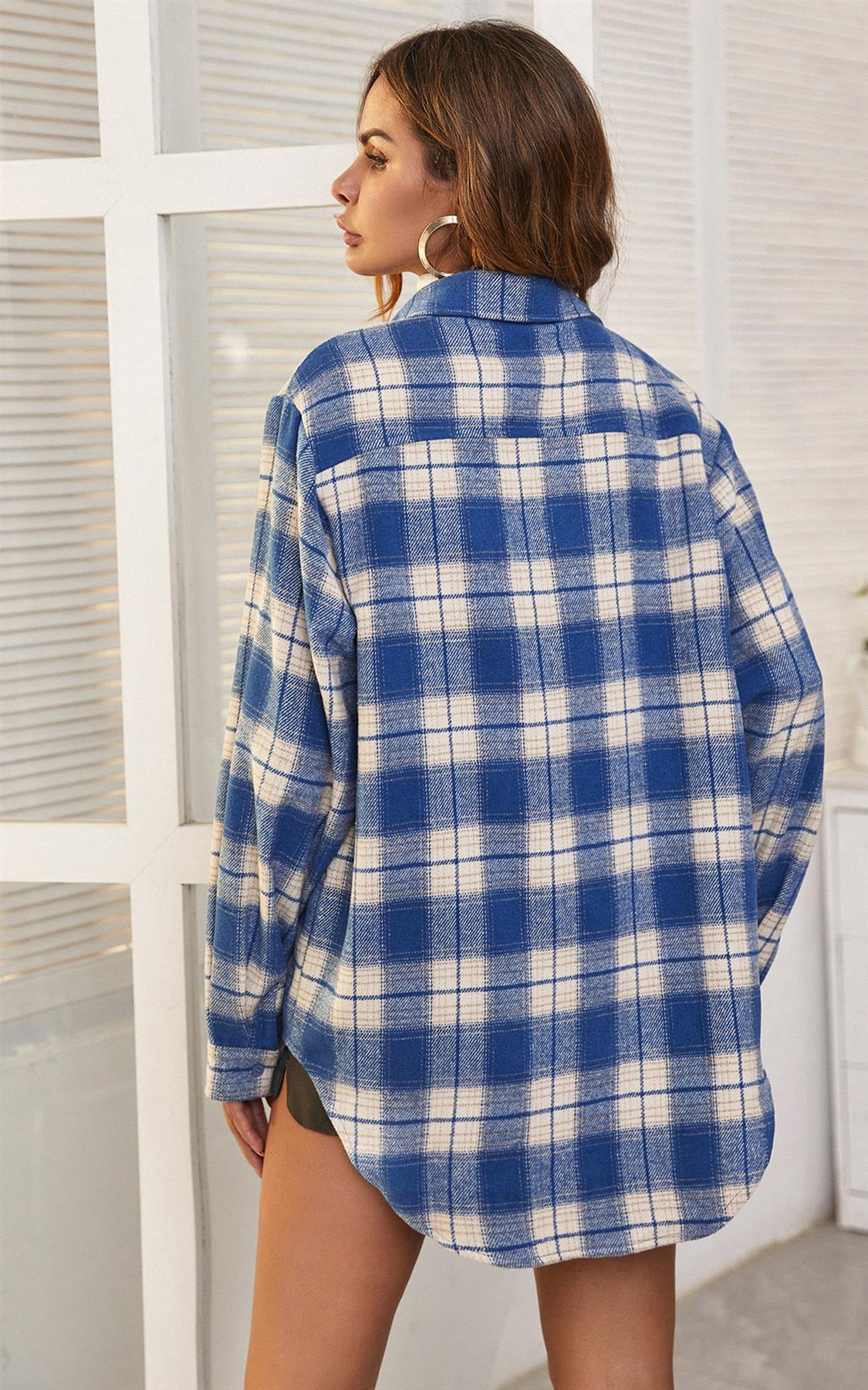 Shacket Damen kariert blau – Oversized Hemdjacke Vintage OneSize