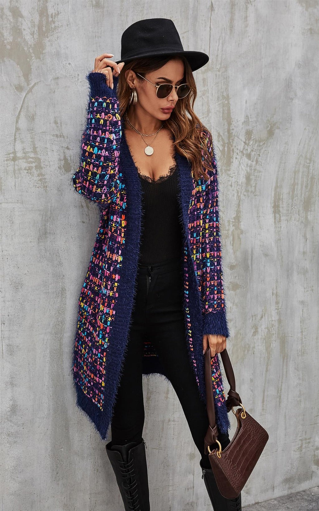 Cardigan Damen Bouclé Kariert Navy Bunt Oversized Strickjacke