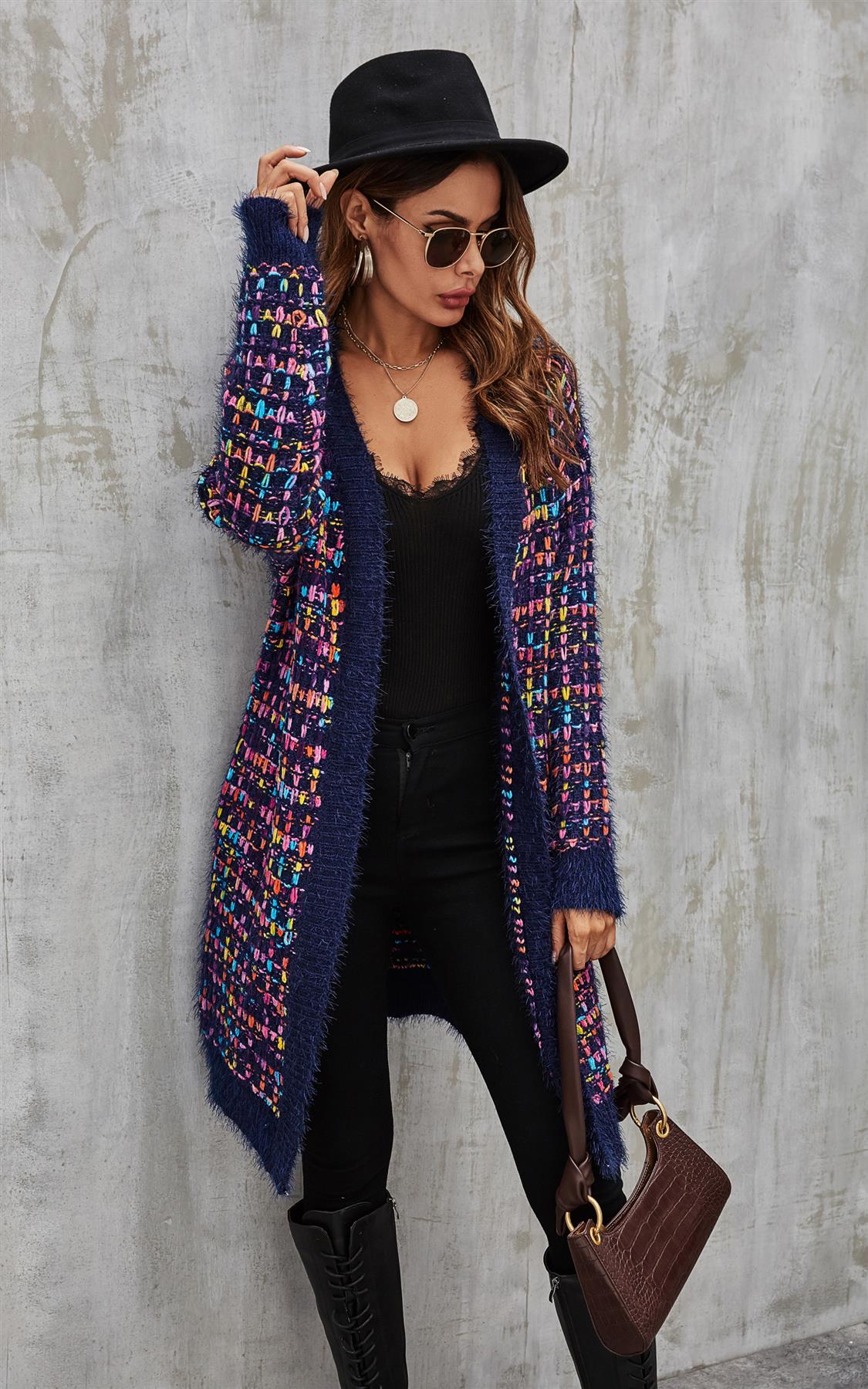 Cardigan Damen Bouclé Kariert Navy Bunt Oversized Strickjacke