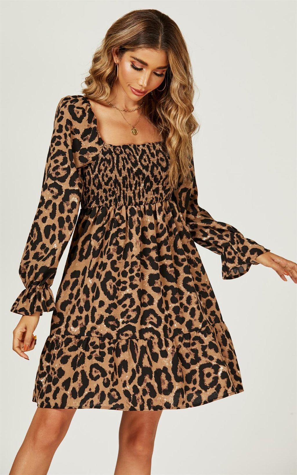 Minikleid Damen Leopardenmuster Puffärmel Eckausschnitt kaufen
