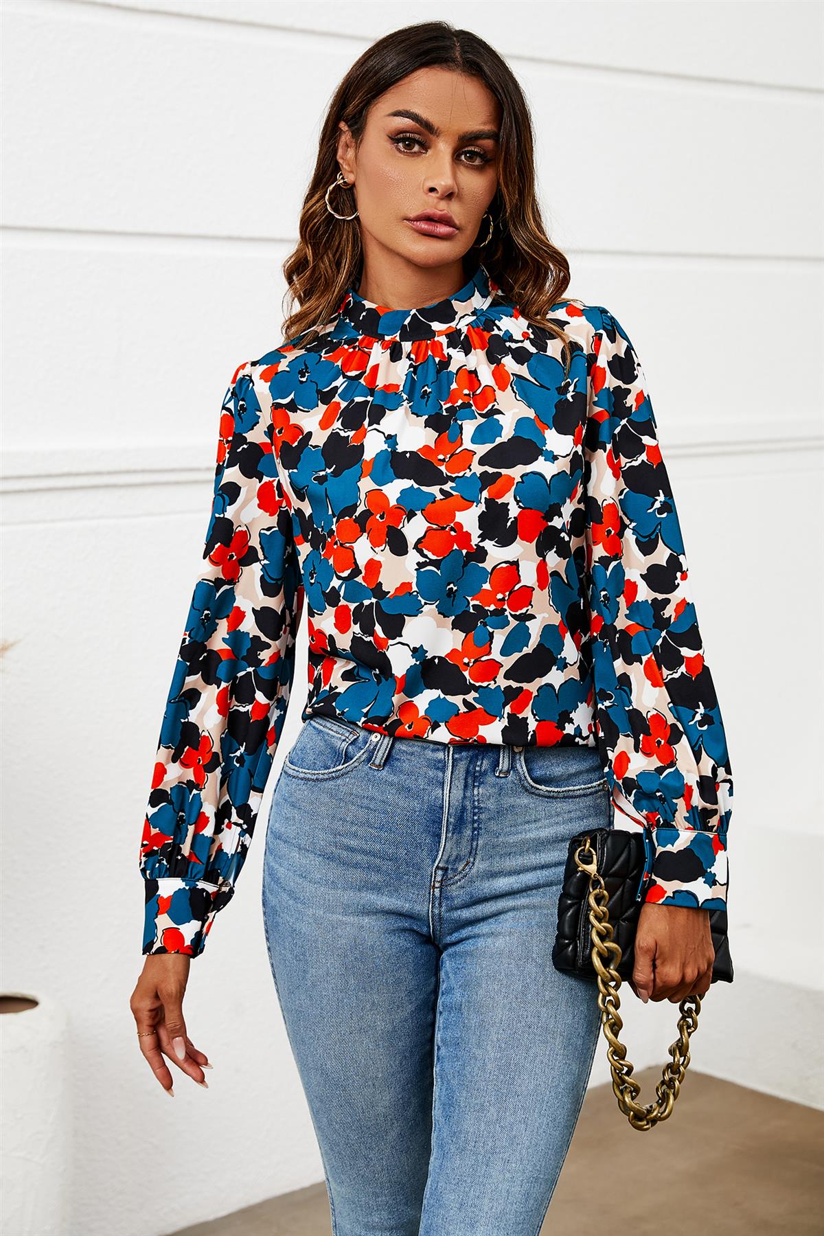 Bluse Damen Blumenprint Blau Stehkragen Langarm kaufen