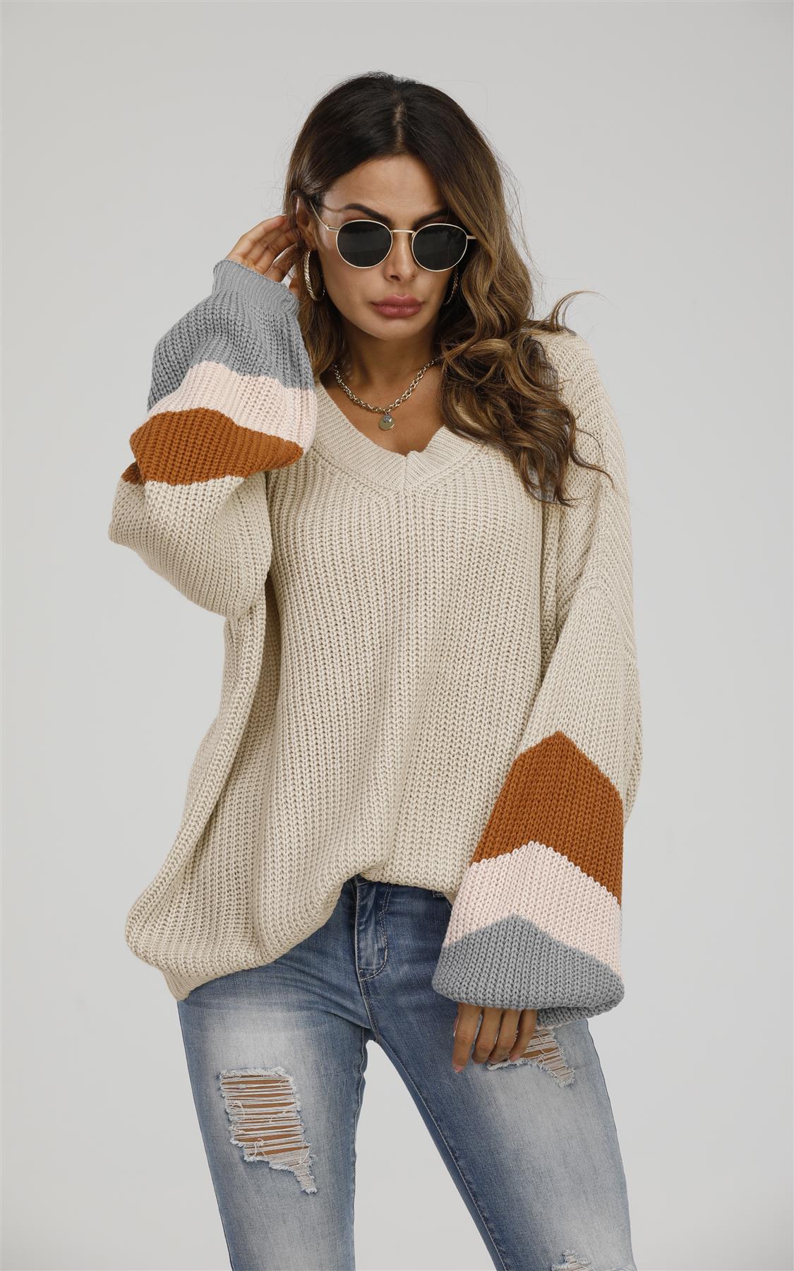 Strickpullover Damen Streifen Beige Peach V-Ausschnitt Herbst