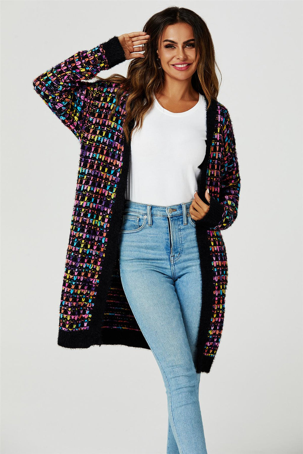 Cardigan Damen kaufen Bouclé Schwarz Bunt Strickjacke Oversized