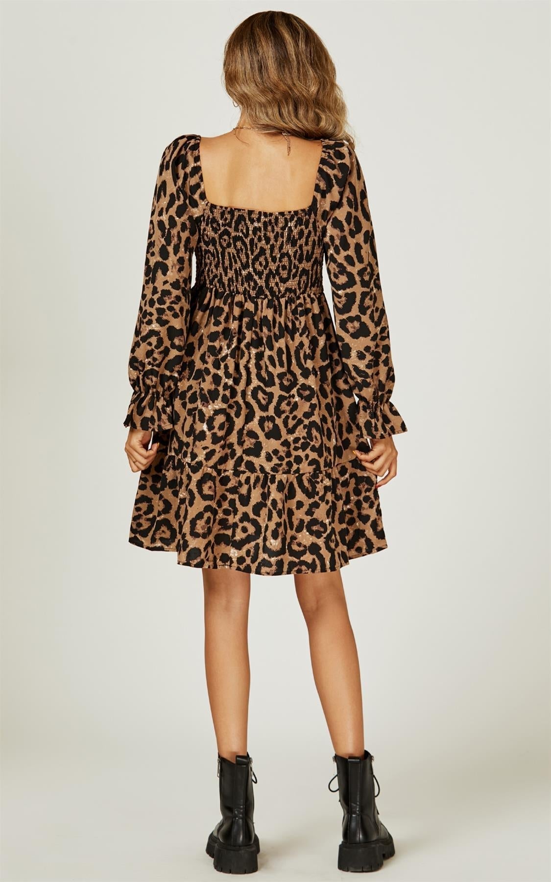 Minikleid Damen Leopardenmuster Puffärmel Eckausschnitt kaufen