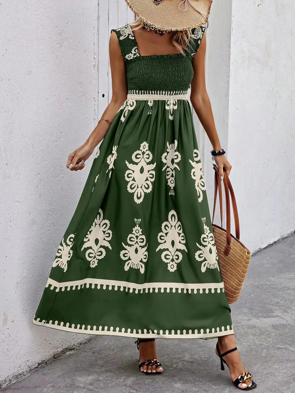 Maxikleid Damen Blumenprint Spaghettiträger Strandkleid A-Linie
