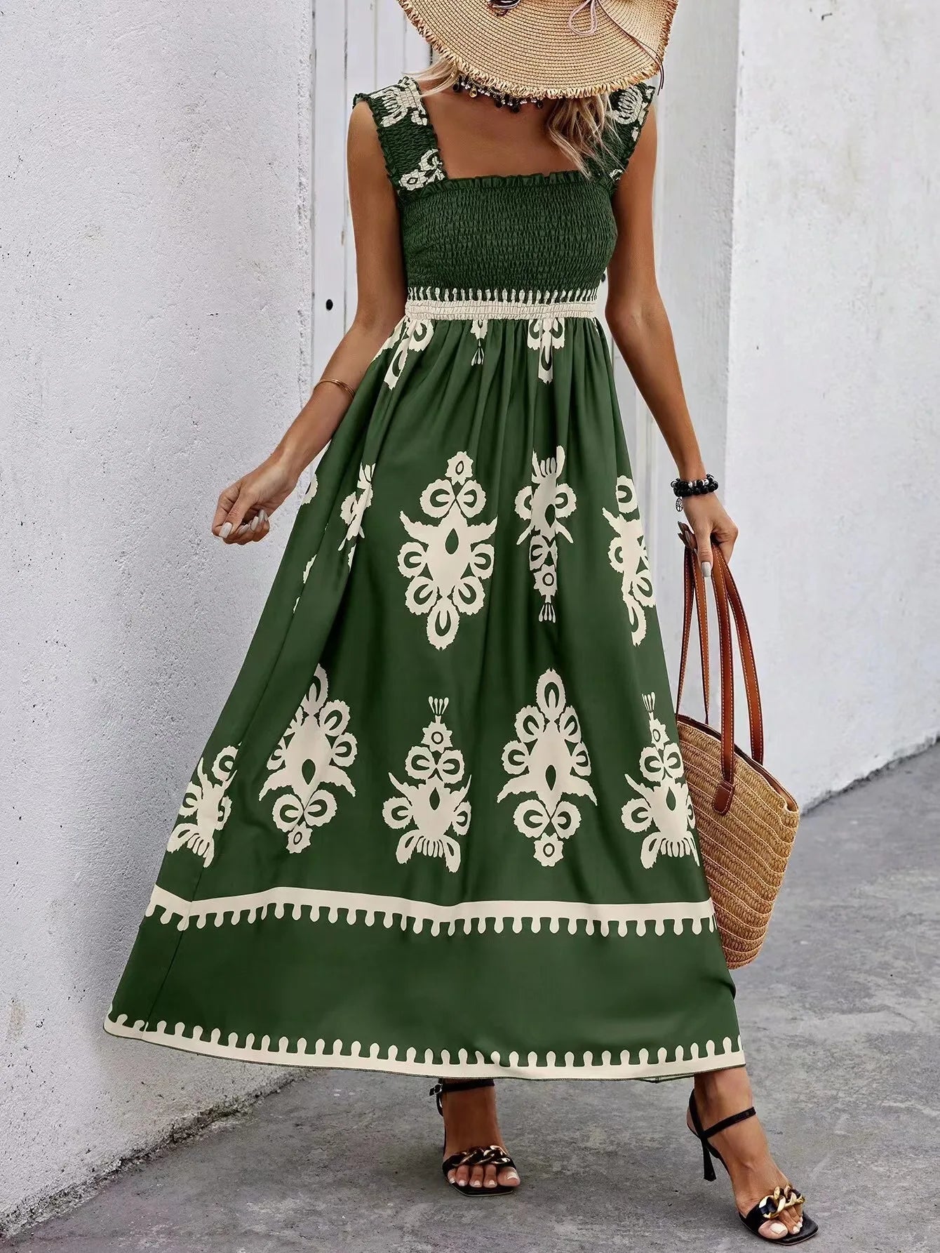 Maxikleid Damen Blumenprint Spaghettiträger Strandkleid A-Linie