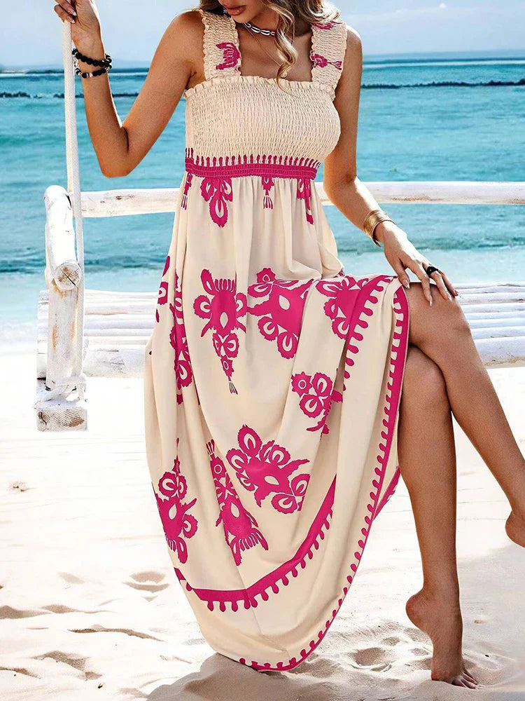 Maxikleid Damen Blumenprint Spaghettiträger Strandkleid A-Linie